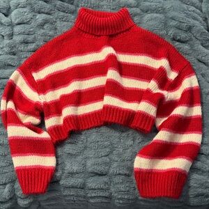 Cozy Red and Cream Cropped Striped Turtleneck Sweater